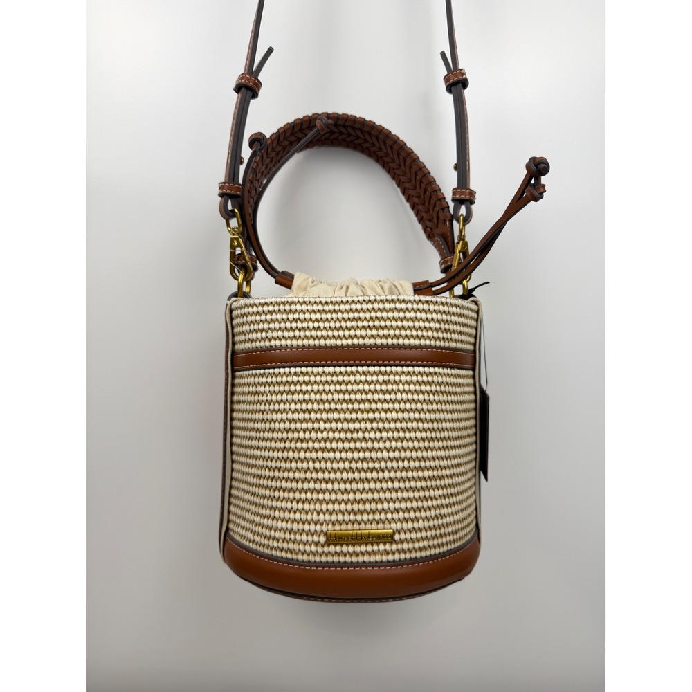 House of Harlow 1960 Woven Straw Bucket Bag Tan Cream Braided Handle Crossbody‎